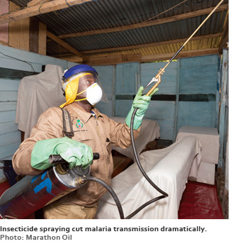 Insecticide spraying cut malaria transmission dramatically. Photo: Marathon Oil